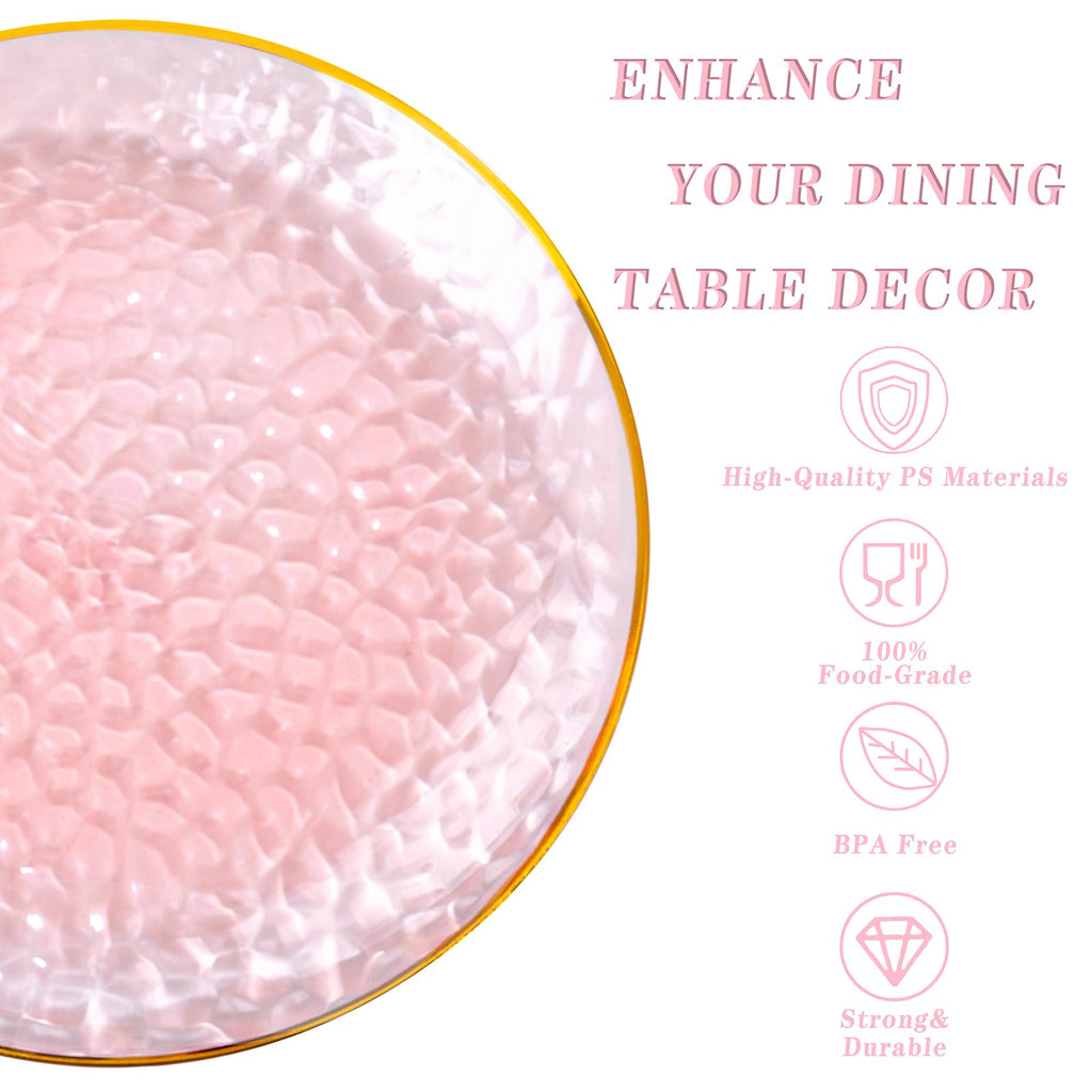Rubtlamp 100Pcs Amber Gold Plastic Plates, Disposable Plates With Gold Rim, Heavy-duty Party Platos, Hammered Plastic Plates Include 50 Clear Dessert Plates, 50 Dinner Plates for Party