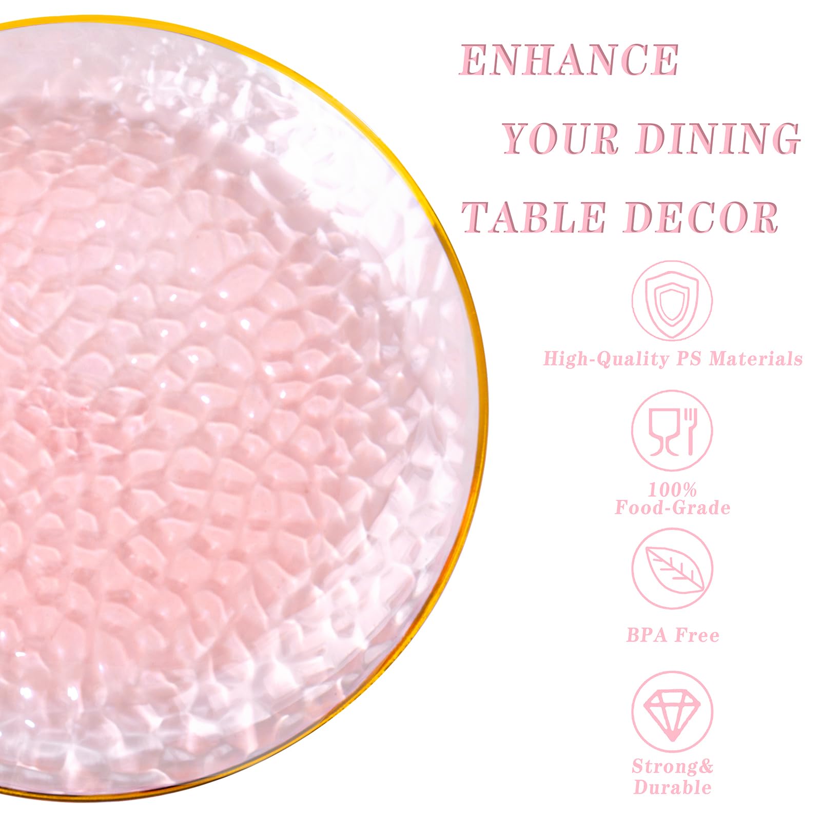 Rubtlamp 100Pcs Amber Gold Plastic Plates, Disposable Plates With Gold Rim, Heavy-duty Party Platos, Hammered Plastic Plates Include 50 Clear Dessert Plates, 50 Dinner Plates for Party