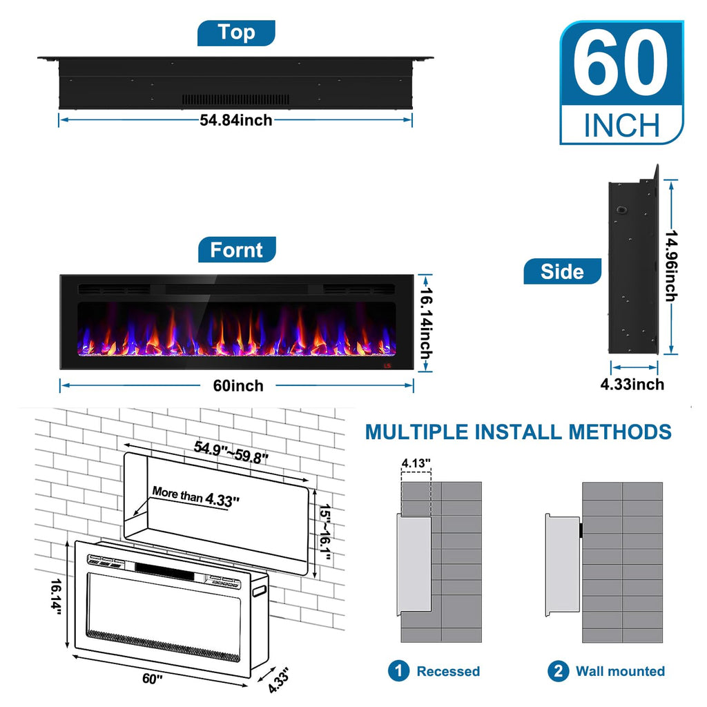 31 Inch Electric Fireplace Recessed and Wall Mounted, Fireplace Heater and Linear Fireplace, Ultra-Thin Electric Fireplace, Low Noise, with Timer, Remote Control, Adjustable 12 Flame Color, 750/1500W