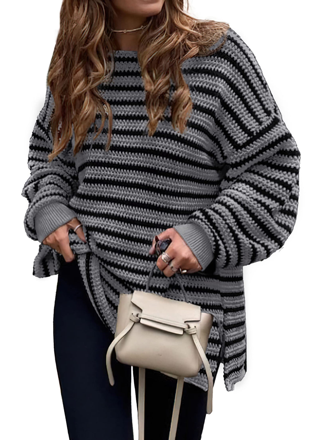 KIRUNDO Women's 2026 Fall Winter Oversized Long Sleeve Striped Sweater Casual Crewneck Side Split Pullover Knit Tops