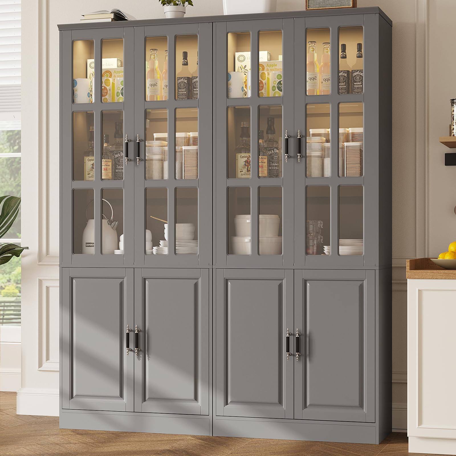MEISSALIVVE Kitchen Pantry Storage Cabinet with LED Lights, 78.7" Tall with Glass Doors & Drawers, Freestanding Utility Cabinet, Black (31.5" W x 15.7" D)