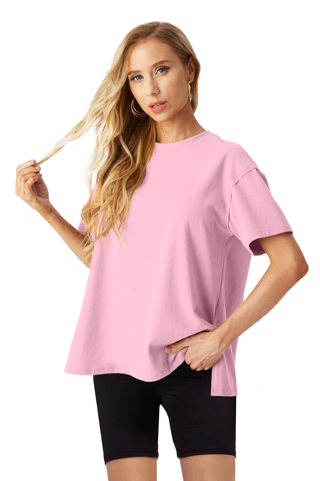 Lepunuo Oversized T Shirts for Women Summer Tops 2024 Trendy Cotton Casual Loose Fit Short Sleeve Side Slit Tee Shirts
