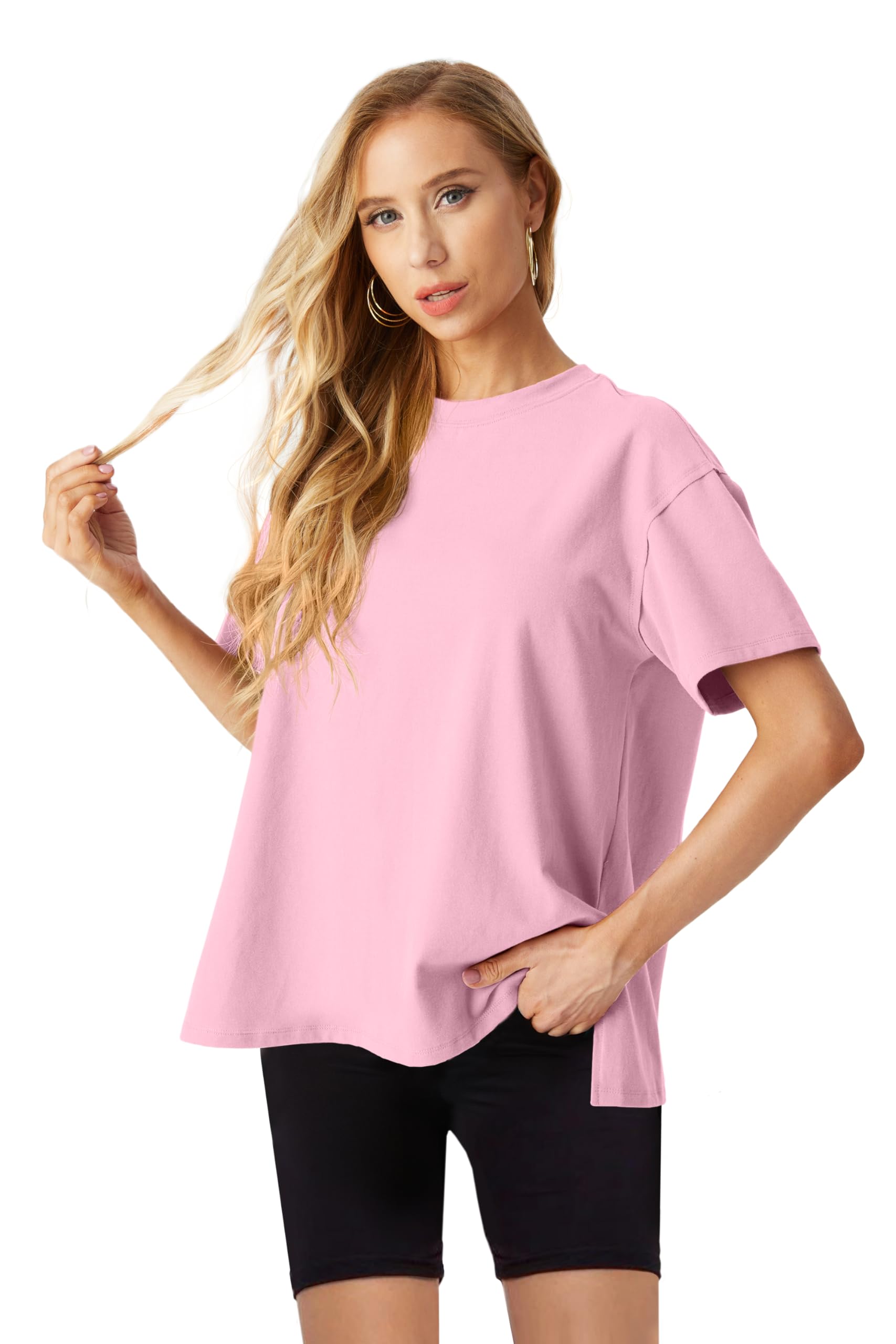 Lepunuo Oversized T Shirts for Women Summer Tops 2024 Trendy Cotton Casual Loose Fit Short Sleeve Side Slit Tee Shirts