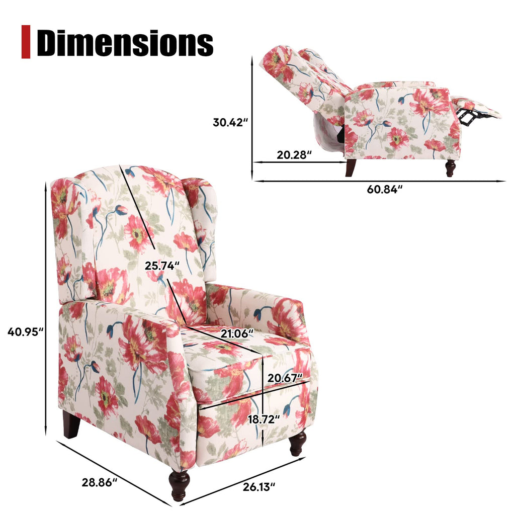 Wingback Chair with Massage and Heat, Tufted Fabric Pushback Recliner Chair, Wingback Recliner Chair with Remote Control, Padded Cushion, Wooden Legs, Small Recliners for Small Spaces