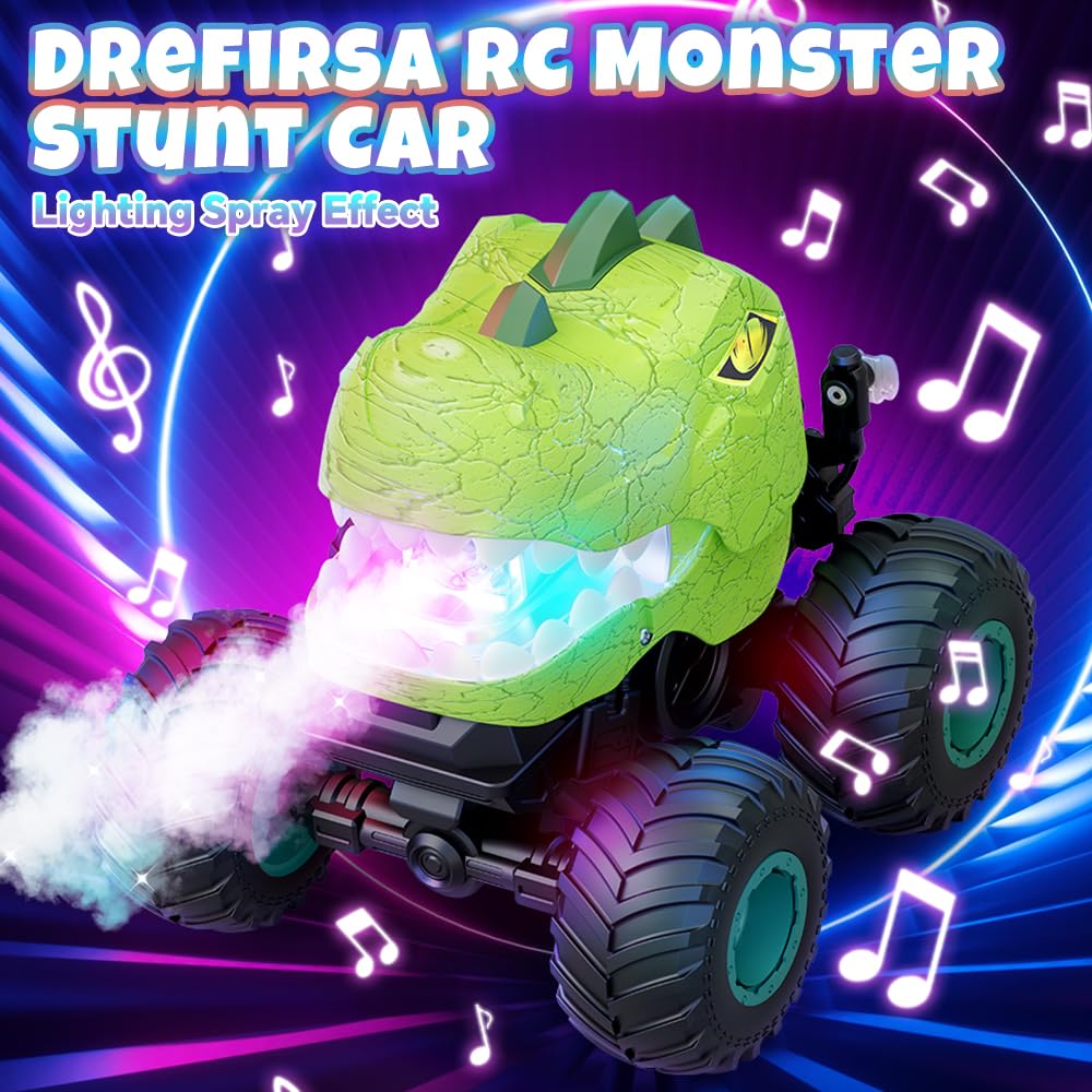 Drefirsa Dinosaur Remote Control Car for Kids Ages 3-5 6-12, Remote Control Monster Truck with Spray, Light, 360° Rolling&90° Driving, All Terrain Dinosaur Toy for Boys Birthday Gift
