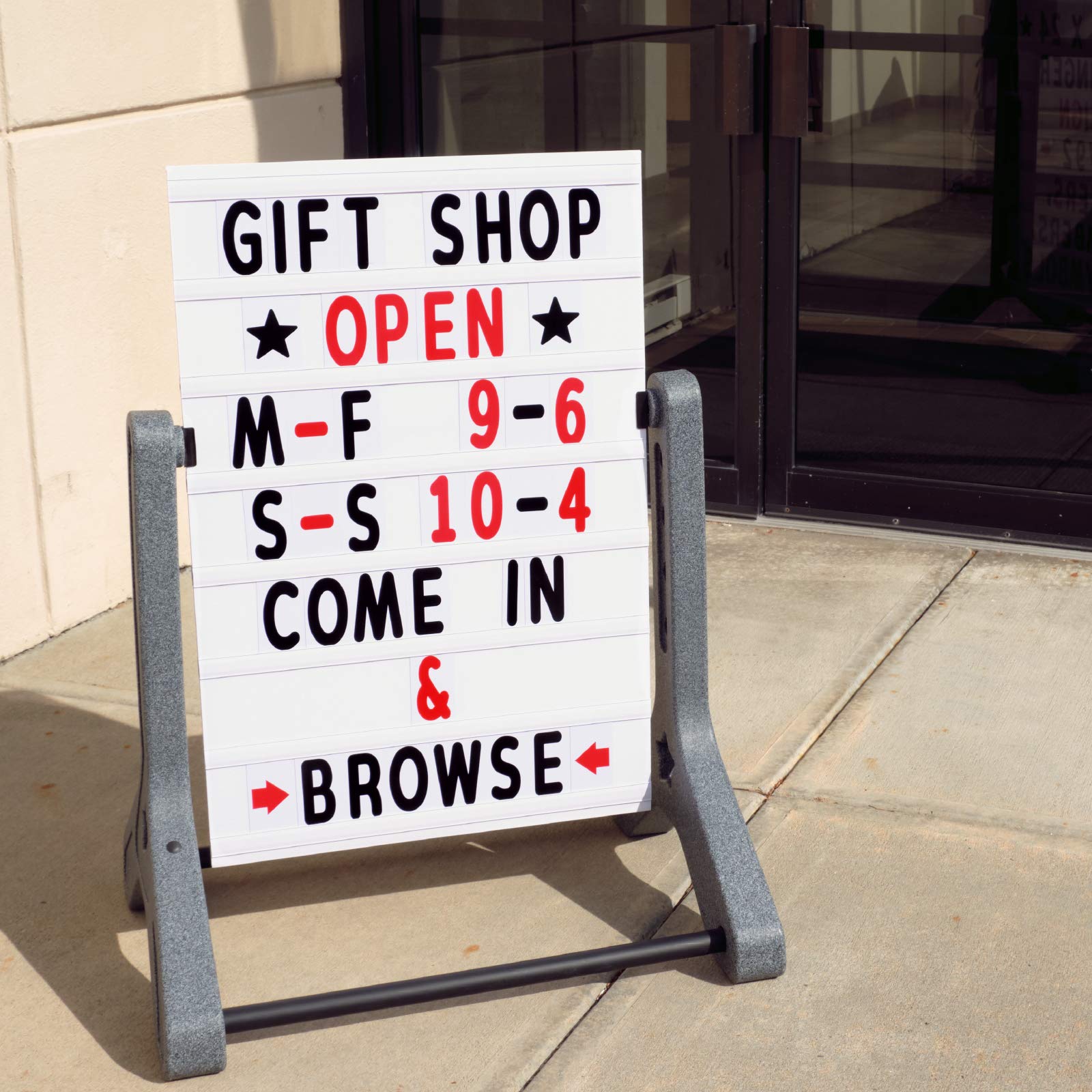 Swinging Changeable Message Sidewalk Sign: 24" x 36" Sign with 792 Pre-Cut Double Sided Letters and Storage Box. Includes Black Board & Letter Board (Black Color Legs)