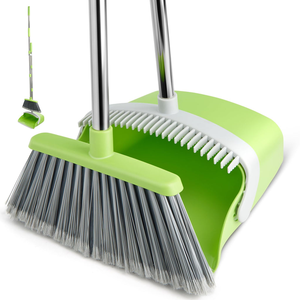 Broom and Dustpan Set with Long Handle, Heavy Dust Broom and Dustpan Combo for Home，Kitchen, Office, Pet Hair(Beige)