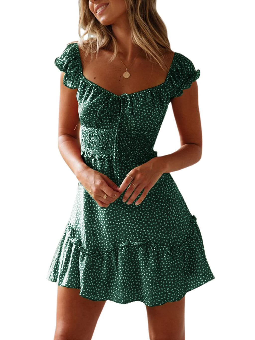 YOBECHO Womens Summer Ruffle Sleeve Sweetheart Neckline Printing Dress Mini Dresses