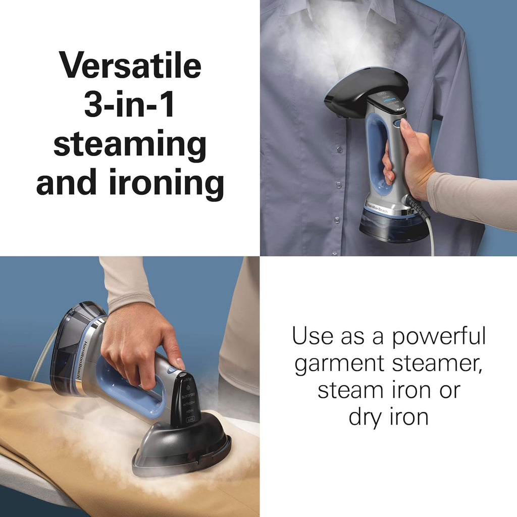 Hamilton Beach Durathon 3-in-1 Travel Steamer for Clothes & Steam Iron | 45 Second Heat-Up with 1700 Watts | 300ml Removable Water Tank | 27 Minutes of Steam | Auto Shutoff | Gray & Blue | 11559