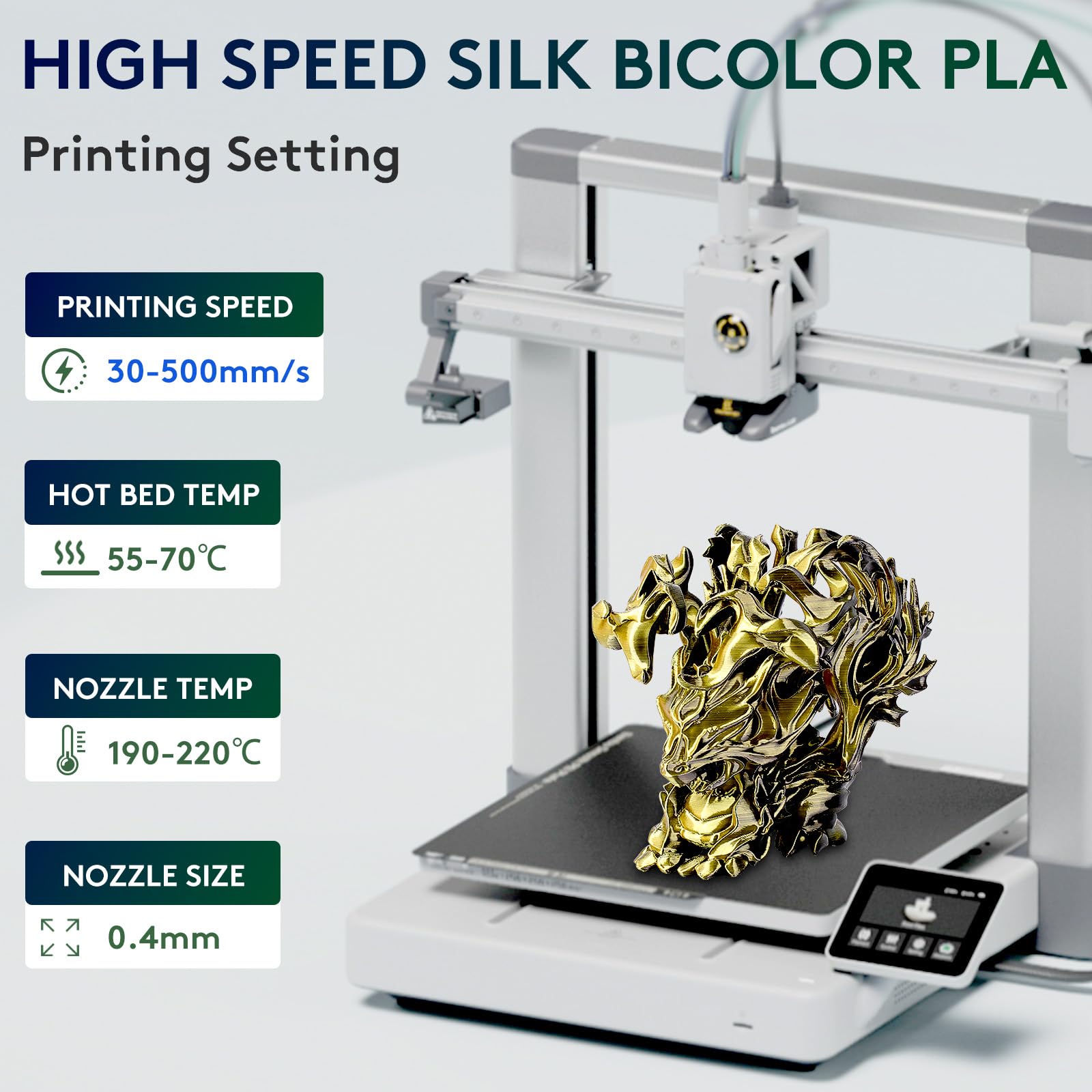 ERYONE Silk Dual Color PLA Filament 3D Printer 1.75mm +/- 0.03mm, Bicolor Filament Two Tone PLA Bundle 2KG Cardboard Spool, Black Gold
