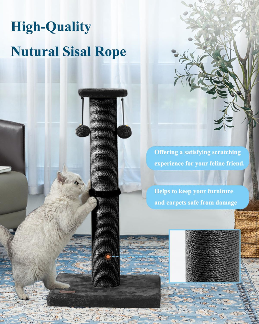 34Inch Tall Cat Scratching Post,4.3Inch Diameter Large Sisal Cat Scratch Post with Ball, Sturdy and Durable Cat Scratcher for Indoor Cats Adults Black