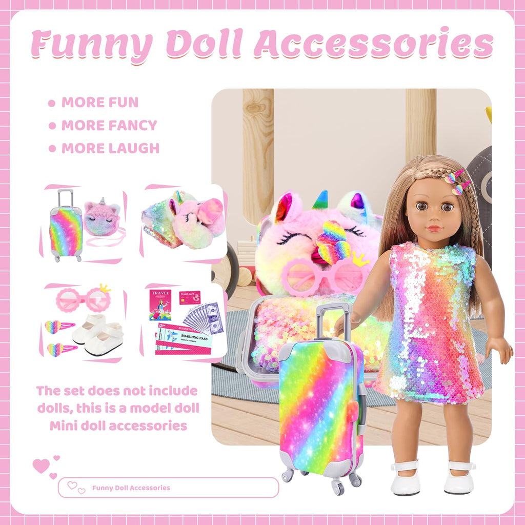 K.T. Fancy 18 Inch American Doll Clothes and Accessories, Doll Travel Suitcase Playset for Girls, Cute Travel Doll Clothes for 18 Inch Girl Doll(Not Include Doll & Shoes), Pink