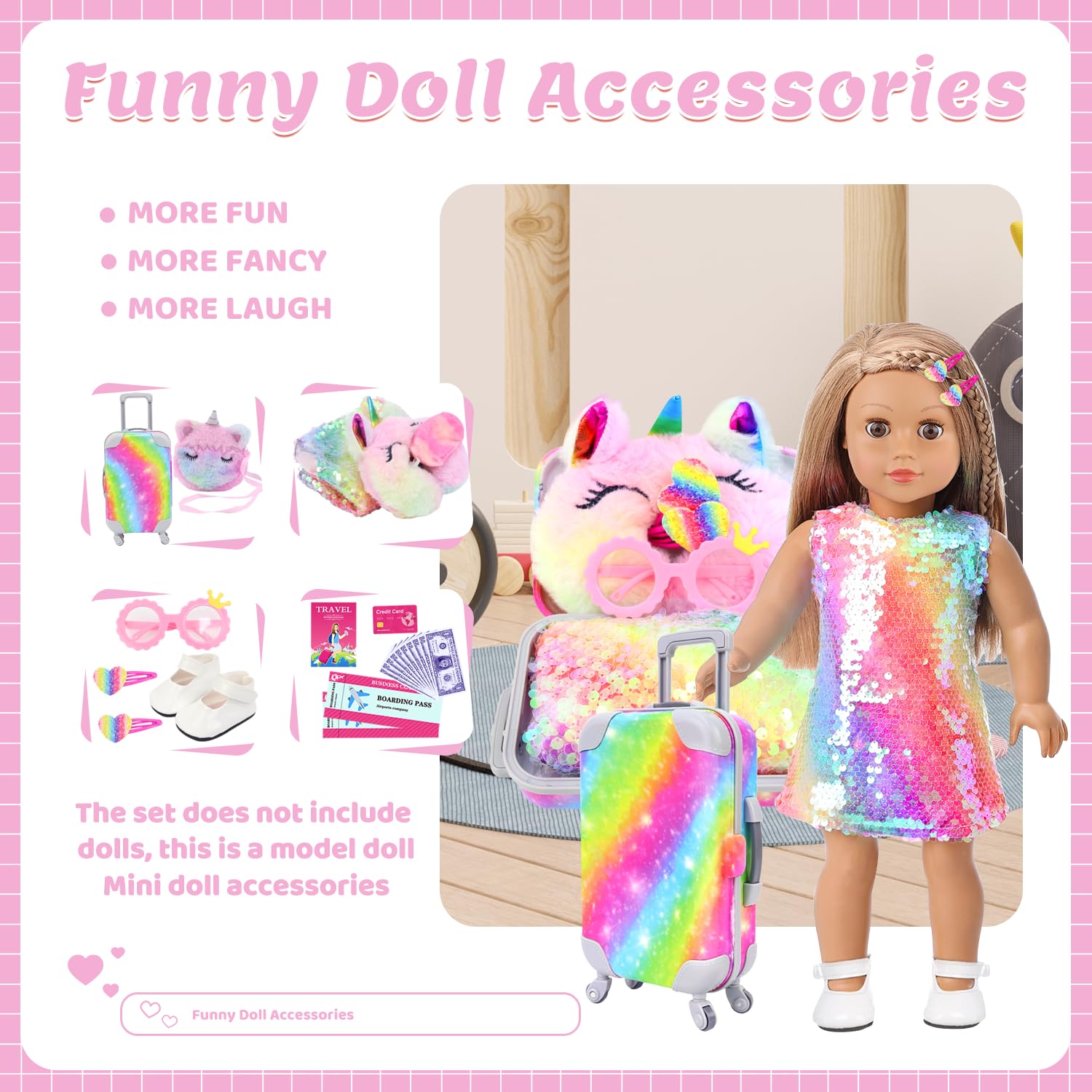 K.T. Fancy 18 Inch American Doll Clothes and Accessories, Doll Travel Suitcase Playset for Girls, Cute Travel Doll Clothes for 18 Inch Girl Doll(Not Include Doll & Shoes), Pink