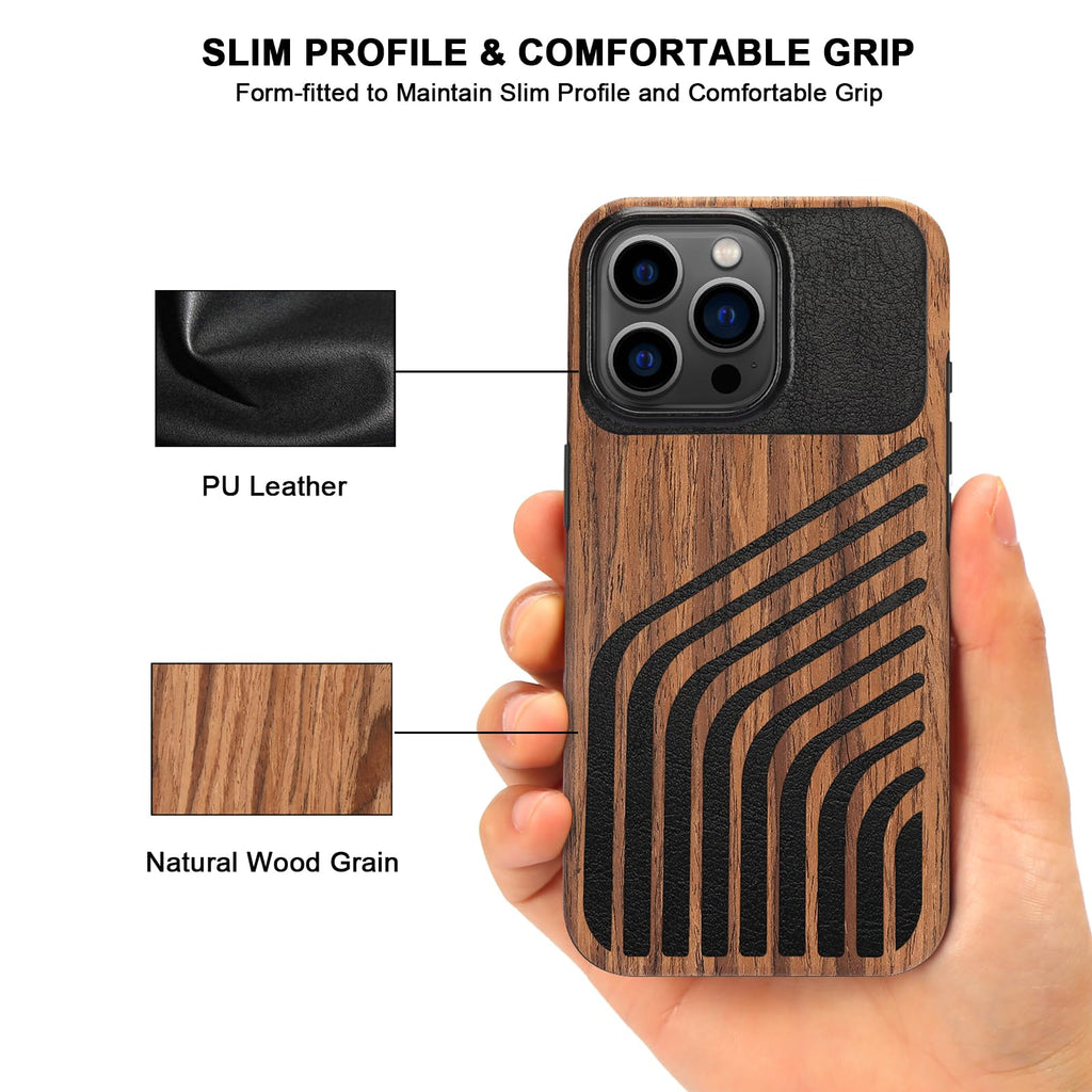 TENDLIN Compatible with iPhone 15 Case Wood Grain with Carbon Fiber Texture Design Leather Hybrid Slim Case (Black)