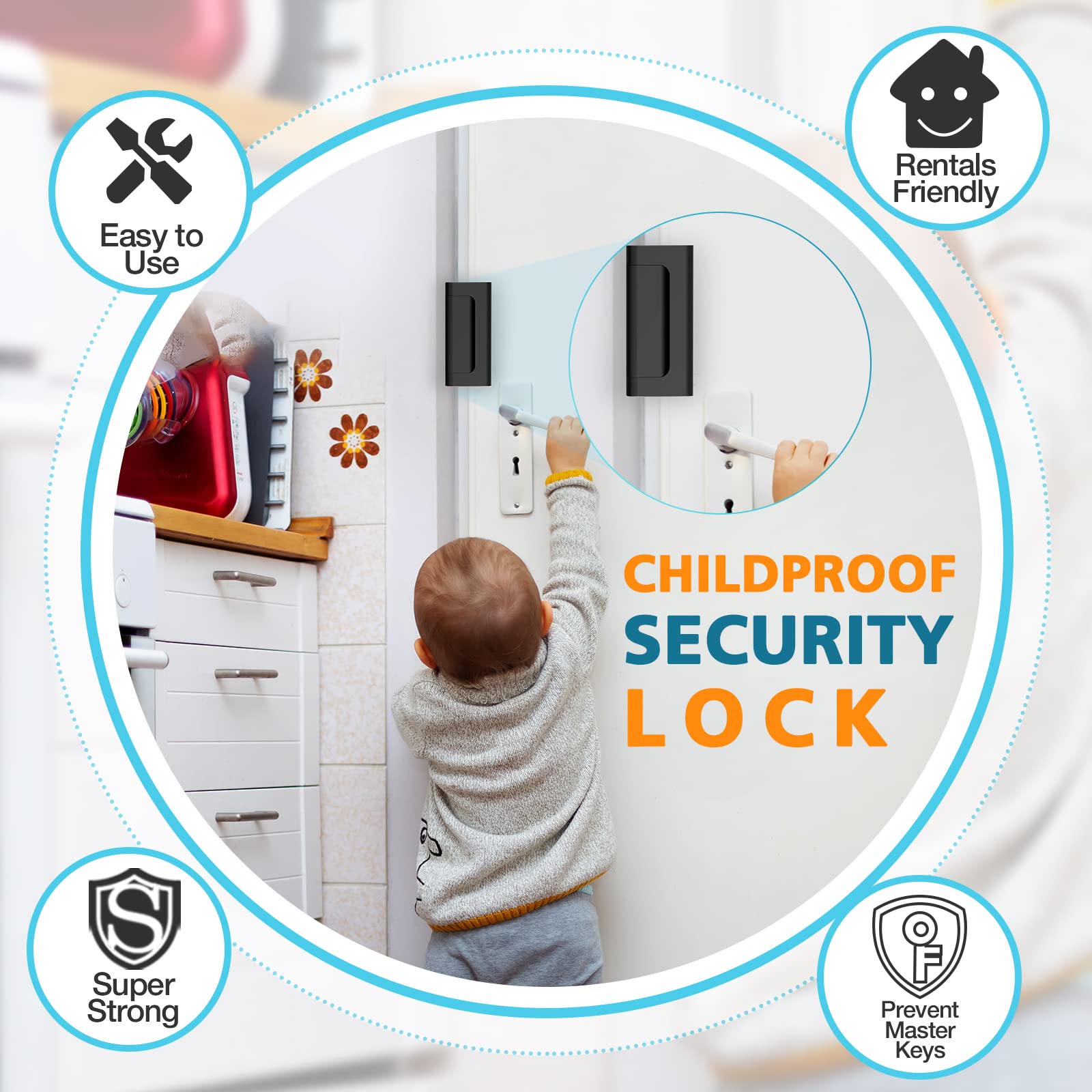 Home Security Door Reinforcement Lock, Child Proof Top Flip Latch for Inward Swinging Front Gate, Premium Safety Protection Guard Withstands 800 lbs, High Placement Metal Lockout Device