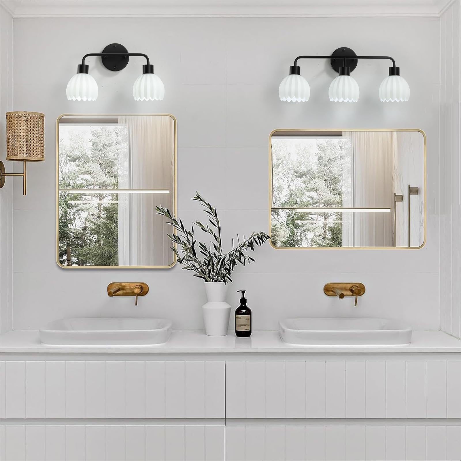 1-Light Gold Brass Bathroom Light Fixture,Wall Sconces set of 2,Brushed Gold Vanlity Light Over Mirror,Bathroom Vanity Light with White Tulip Glass Flower Shade,E26 Socket(Bulbs Not Included)