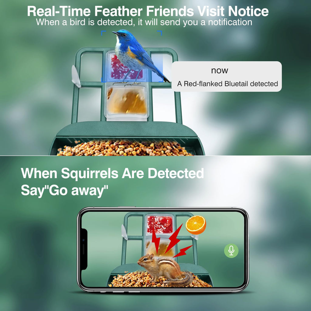 Smart Bird Feeder with Camera,AI Identify Species,Bird House with Solar Powered,Instant Arrival Alerts,2K Capture Video,Live View for Lover (Blackish Green)