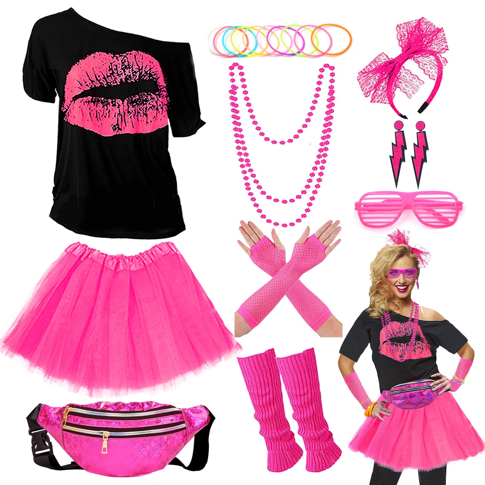 Upgraded 80s Outfit Costume for Women,80s Party Costume Accessory Sets with T-Shirt Tutu Skirt Waist Pack etc