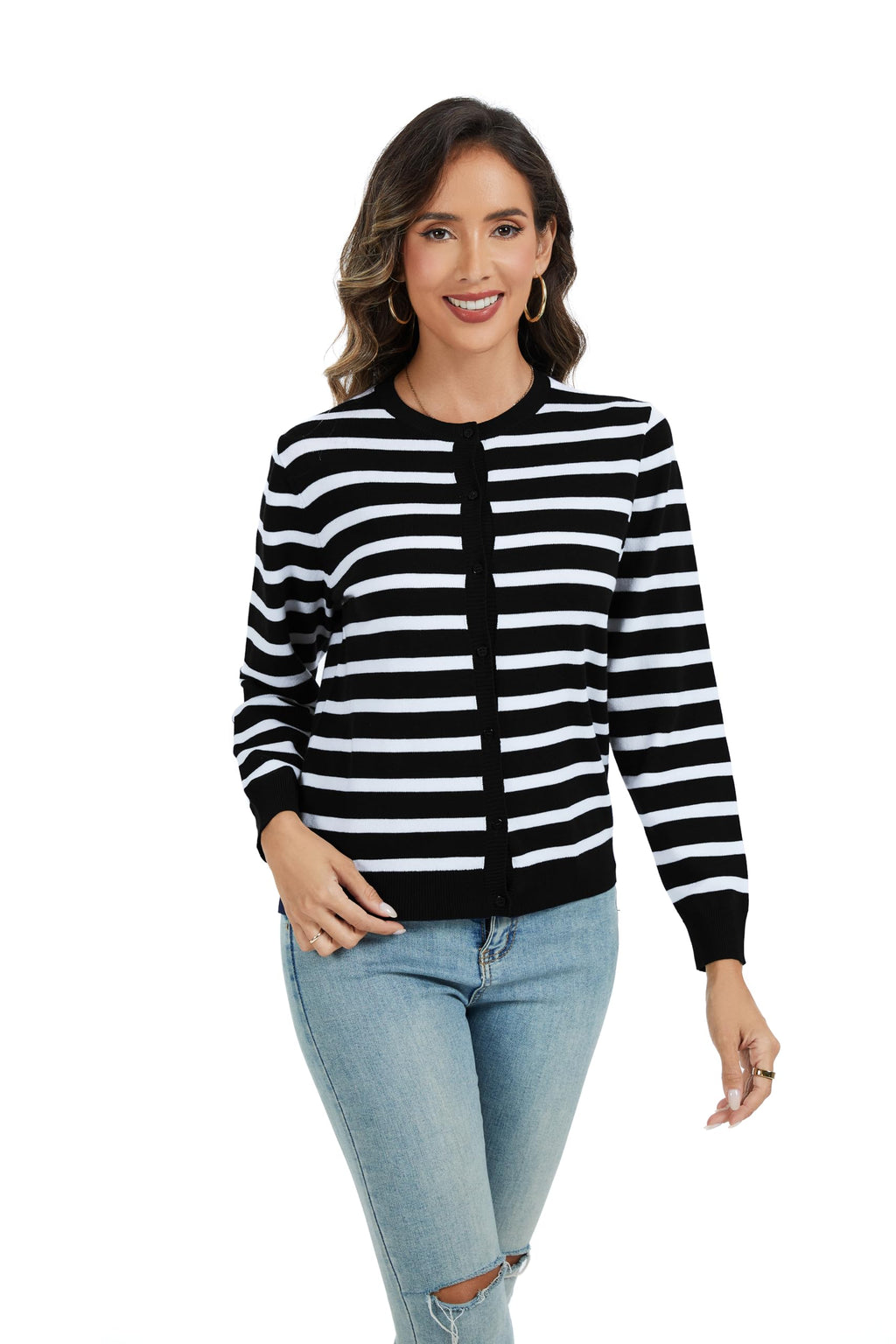CUNYI Women's Crew Neck Cardigan Long Sleeve Sweater for Women Button Down Soft Knit Ladies Cardigan Sweates Coat