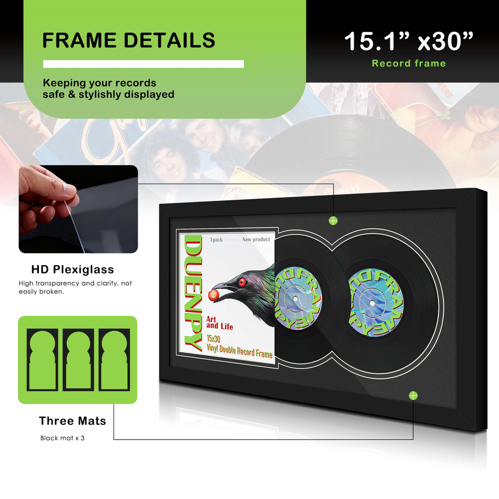 DUENPY Vinyl Record Display Frame 16x22 Inches Display Record Album and 12.5x12.5 Album Cover Art（Black Bottom Mat） Wall Mount