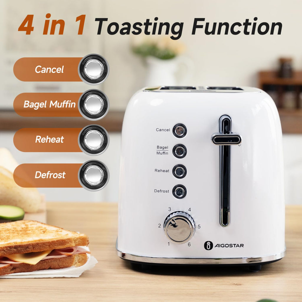 Aigostar Toaster 2 Slice Retro Toaster Stainless Steel, 1.6 inch Extra Wide Slots Bread Toaster Bagel, Cancel, Defrost Function, 6 Shade Settings & Removable Crumb Tray for Bread Waffle, Aqua Green