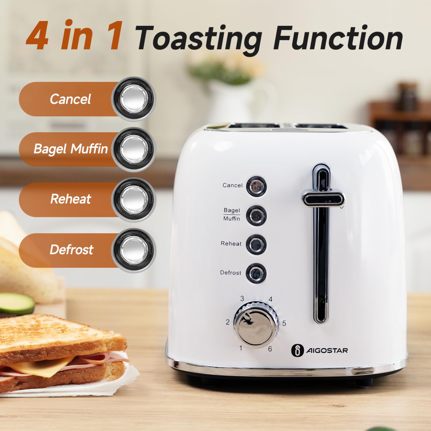 Aigostar Toaster 2 Slice Retro Toaster Stainless Steel, 1.6 inch Extra Wide Slots Bread Toaster Bagel, Cancel, Defrost Function, 6 Shade Settings & Removable Crumb Tray for Bread Waffle, Aqua Green