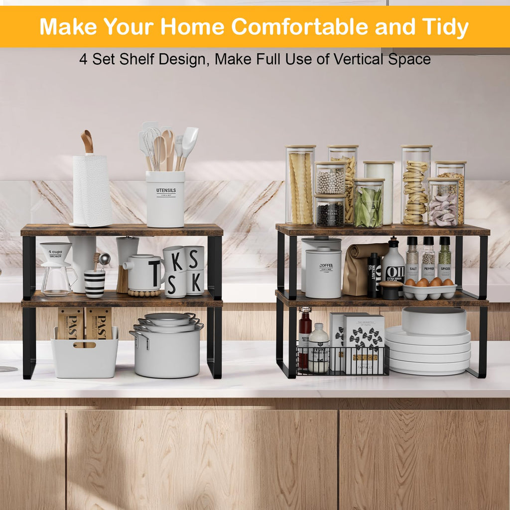 OGEMXU Cabinet Shelf Organizers, 15.7 inches Large Kitchen Counter Shelf, Set of 2 Wood Kitchen Pantry Organizer, Storage Shelves for Countertop, Spice Rack, Stackable, Expandable, Metal Black, Brown
