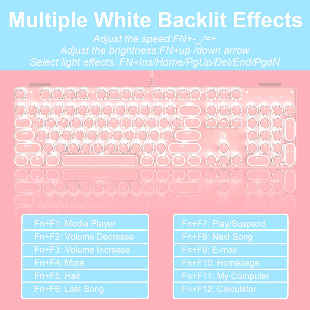 YSCP Typewriter Style Mechanical Gaming Keyboard RGB Backlit Wired with Blue Switch Retro Round Keycap 104 Keys Keyboard (R-Black)