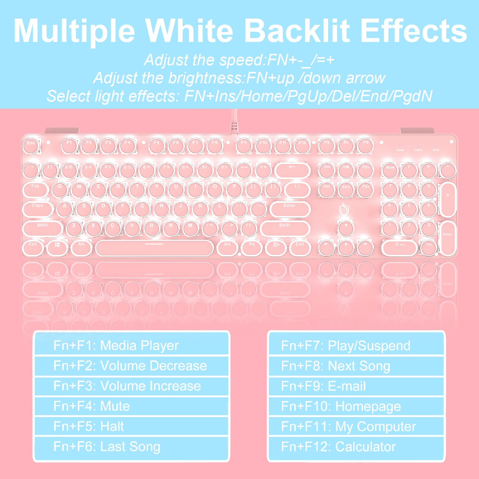 YSCP Typewriter Style Mechanical Gaming Keyboard RGB Backlit Wired with Blue Switch Retro Round Keycap 104 Keys Keyboard (R-Black)