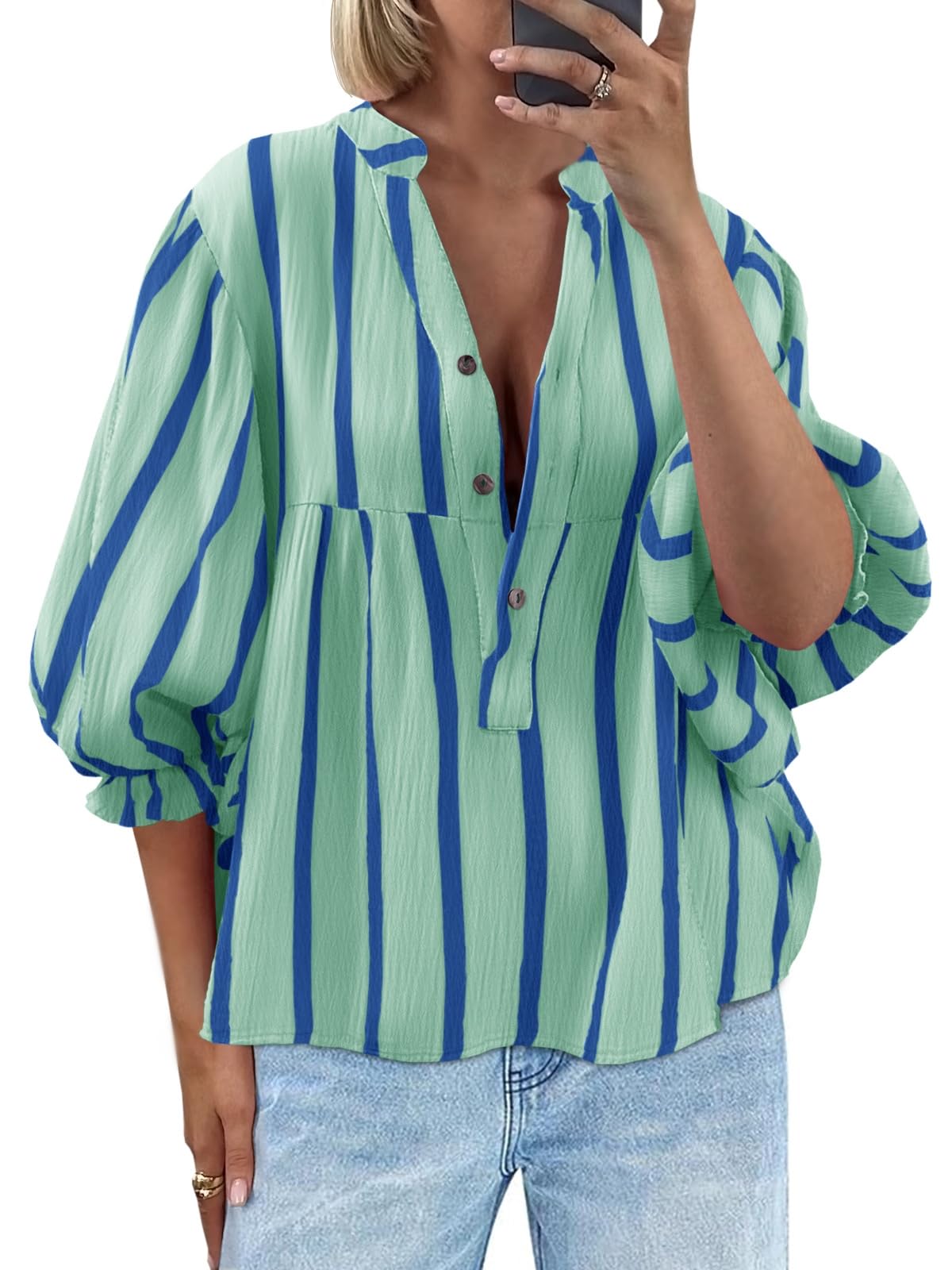 Tankaneo Womens Puff Sleeve Babydoll Tops Summer V Neck Striped Blouse Cute Casual Loose Fit Flowy Shirts