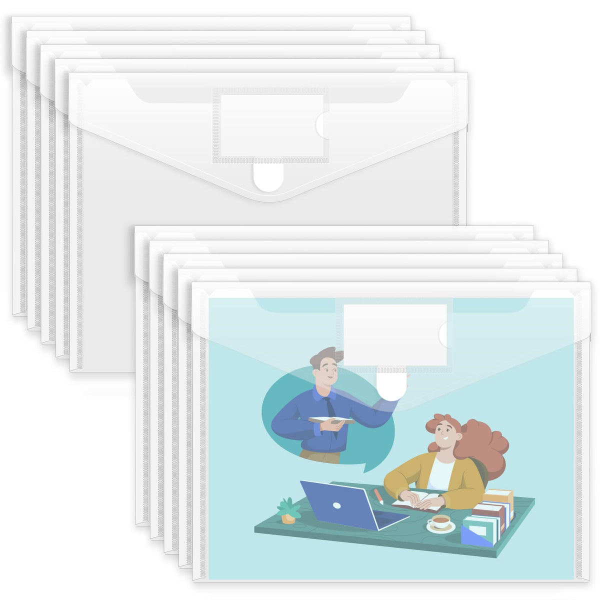 Sooez 5 Pack Plastic Envelopes Poly Envelopes, Clear Document File Folders US Letter A4 Size File Envelopes with Label Pocket for School Home Work Office Organization, Clear