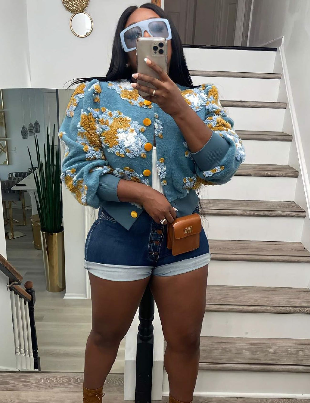 Womens Cropped Floral Print Jacket Warm Fleece Bomber Jacket Casual Button Down Coats Fall Puff Outerwears