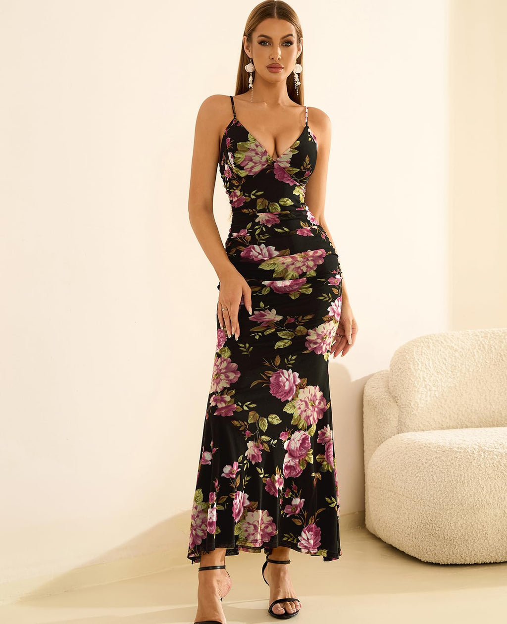 GLNEGE Women's Floral Wedding Guest Formal Maxi Dress Bodycon Spaghetti Strap V Neck Elegant Cocatail Dresses