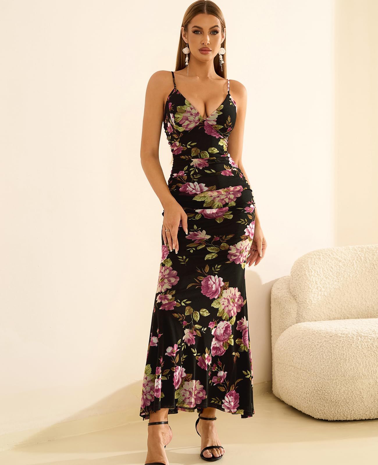 GLNEGE Women's Floral Wedding Guest Formal Maxi Dress Bodycon Spaghetti Strap V Neck Elegant Cocatail Dresses