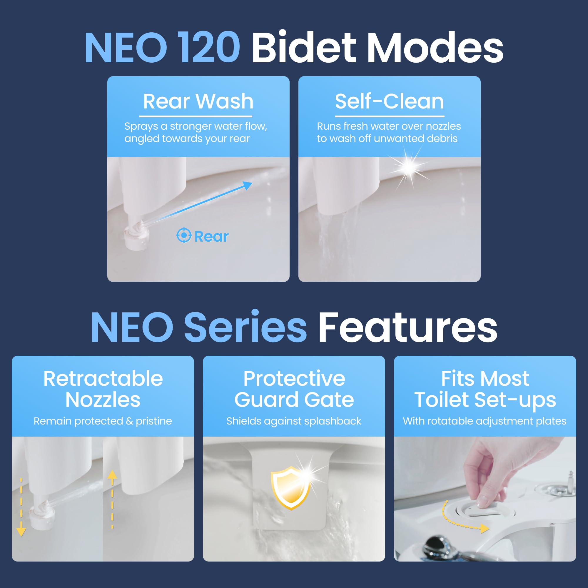 LUXE Bidet NEO 120 - Single Nozzle, Self-Cleaning, Non-Electric Bidet Attachment for Toilet Seat, Adjustable Water Pressure, Rear Wash (Blue)