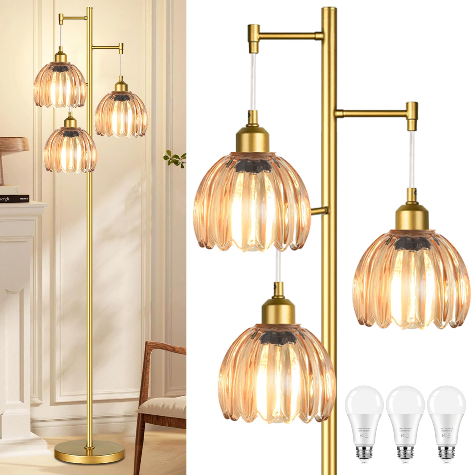 AHDWDW Gold Floor Lamp for Living Room Bedroom,Modern Floor Lamps with Unique Amber Glass Shades,68IN Mid Century Tall Flower Standing Lamp,Vintage 3 Lights Tree Floor Lamp for Corner Office Reading