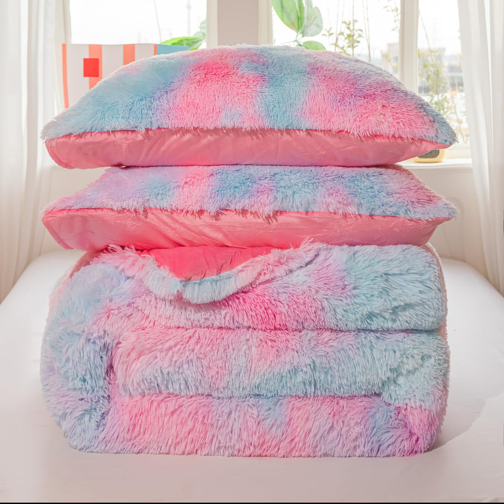 Faux Fur Kids Girls Purple Rainbow Comforter Sets Twin/Full - 3PC Bed Set Warm Comfortable Soft Plush Flannel Velvet Fluffy Fuzzy Bedding（Comforter x 1 Pillowcases x 2）