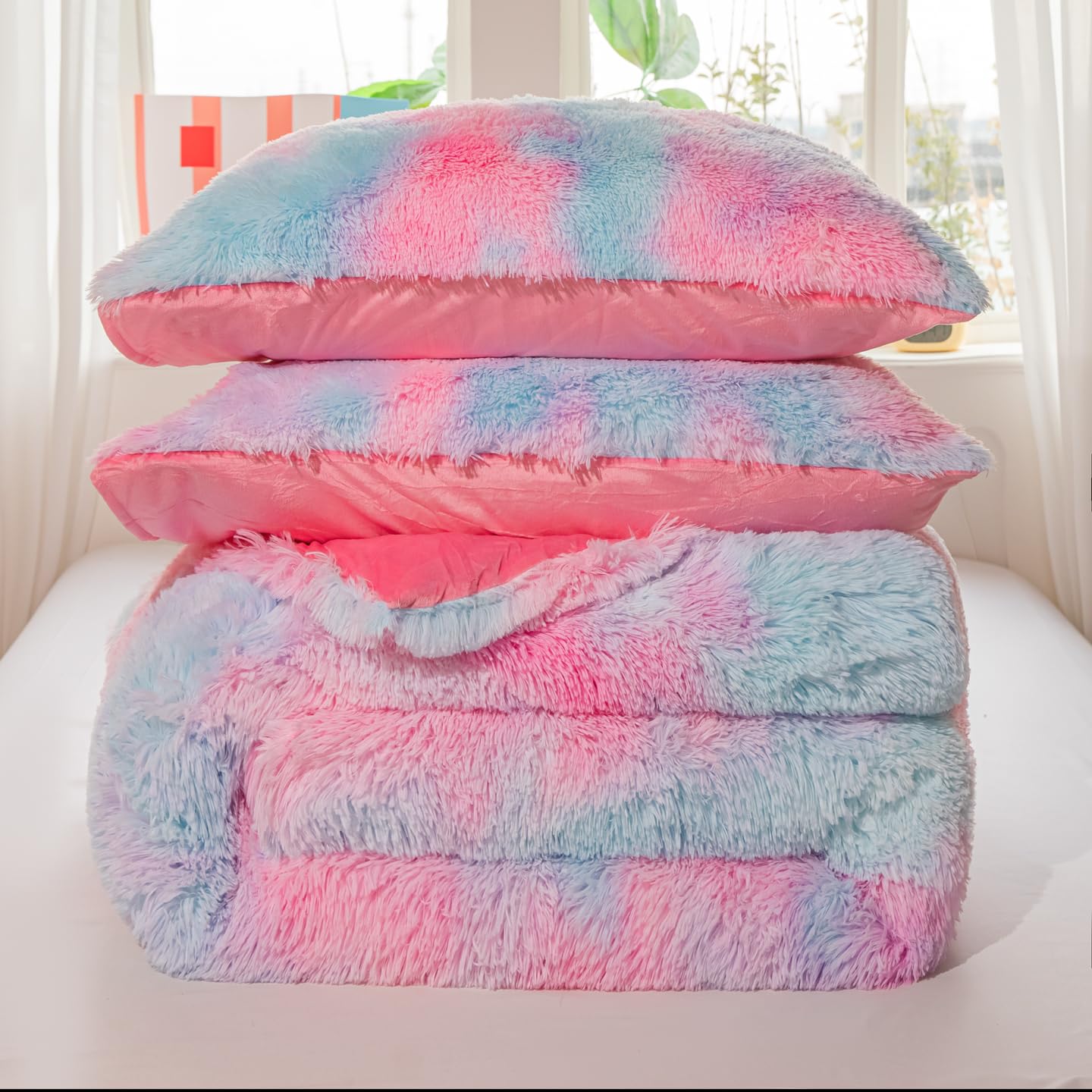Faux Fur Kids Girls Purple Rainbow Comforter Sets Twin/Full - 3PC Bed Set Warm Comfortable Soft Plush Flannel Velvet Fluffy Fuzzy Bedding（Comforter x 1 Pillowcases x 2）