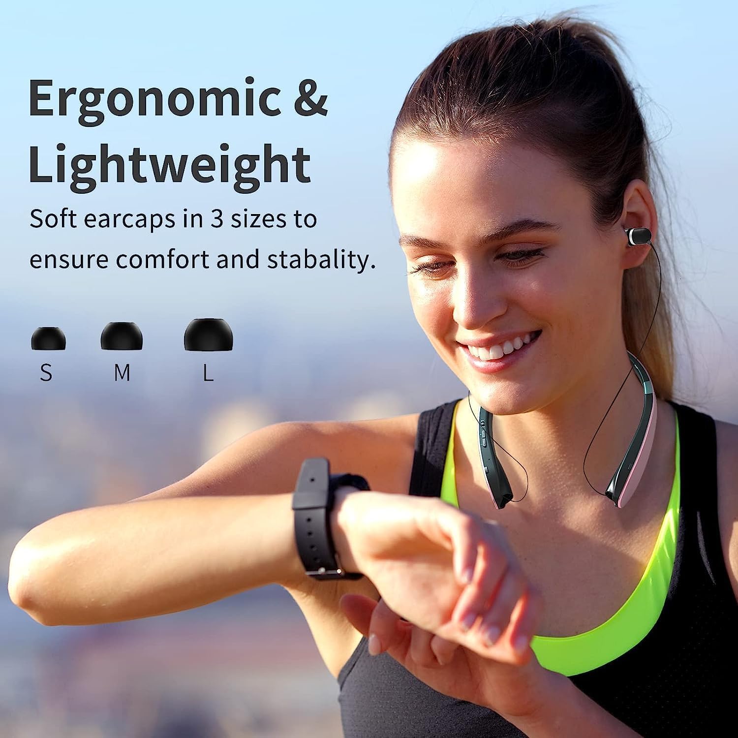 AMORNO Foldable Bluetooth Headphones Wireless Neckband Headset with Retractable Earbuds, Sports Sweatproof Noise Cancelling Stereo Earphones with Mic