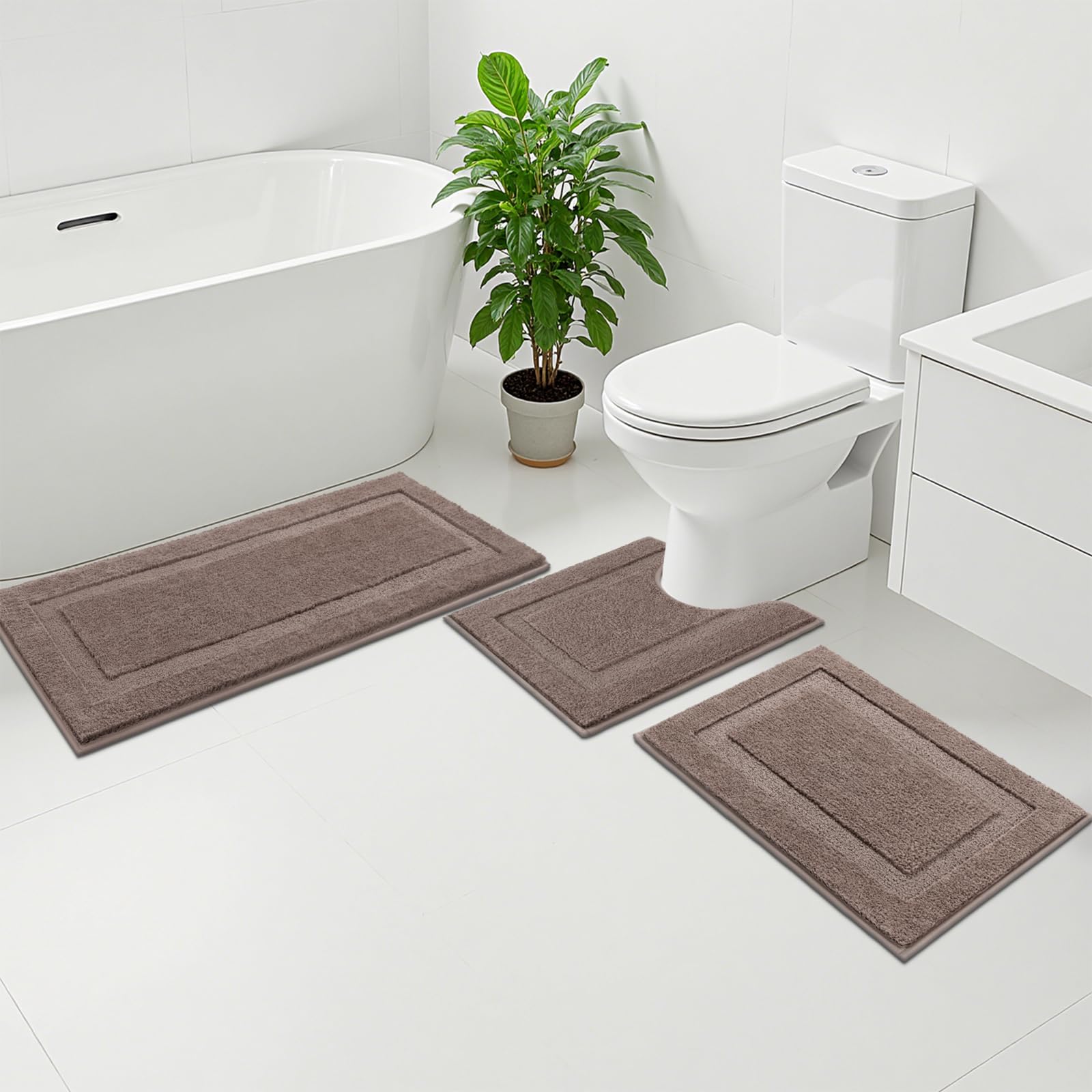 SHACOS Black Bathroom Rugs Sets 3 Piece, 16"x24" + 20"x32" Non Slip Bath Mat and 20"x24" Toilet Rugs U Shaped Washable, Soft Fluffy Water Absorbent Bath Rugs for Bathroom
