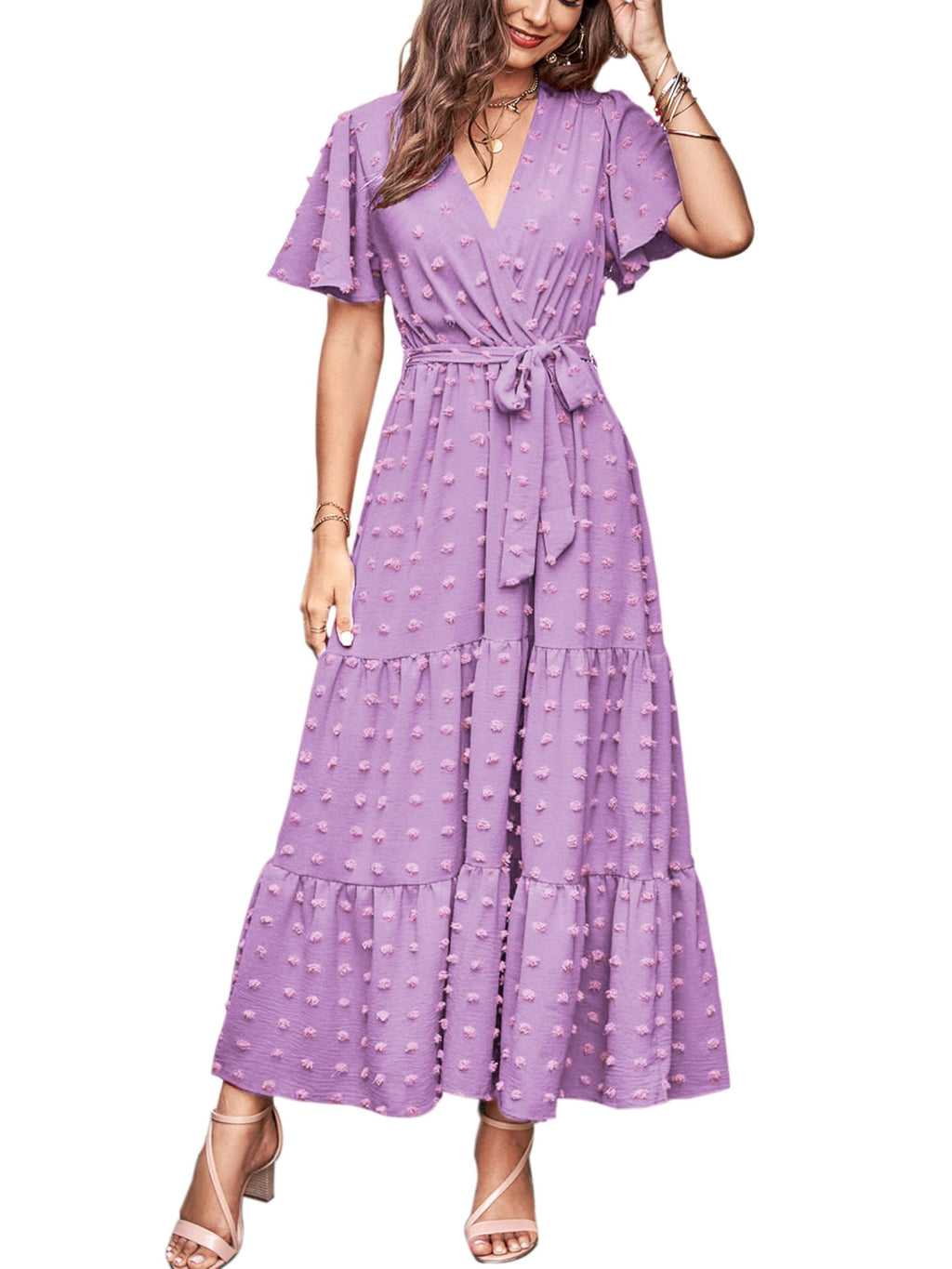MASCOMODA Womens Summer Swiss Dot Maxi Dresses Wrap V Neck Flutter Short Sleeve Boho Casual Flowy Long Wedding Guest Dress