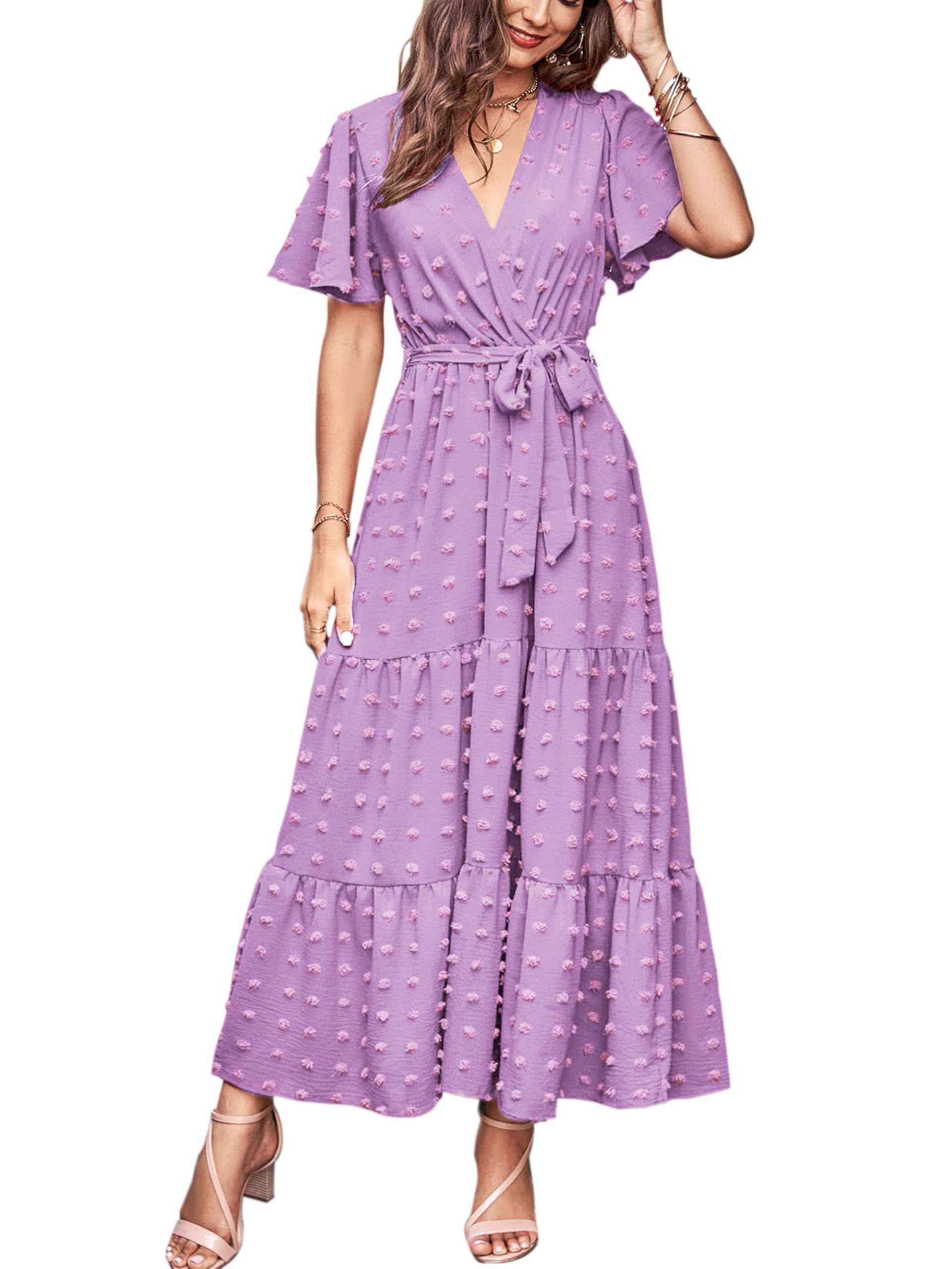 MASCOMODA Womens Summer Swiss Dot Maxi Dresses Wrap V Neck Flutter Short Sleeve Boho Casual Flowy Long Wedding Guest Dress
