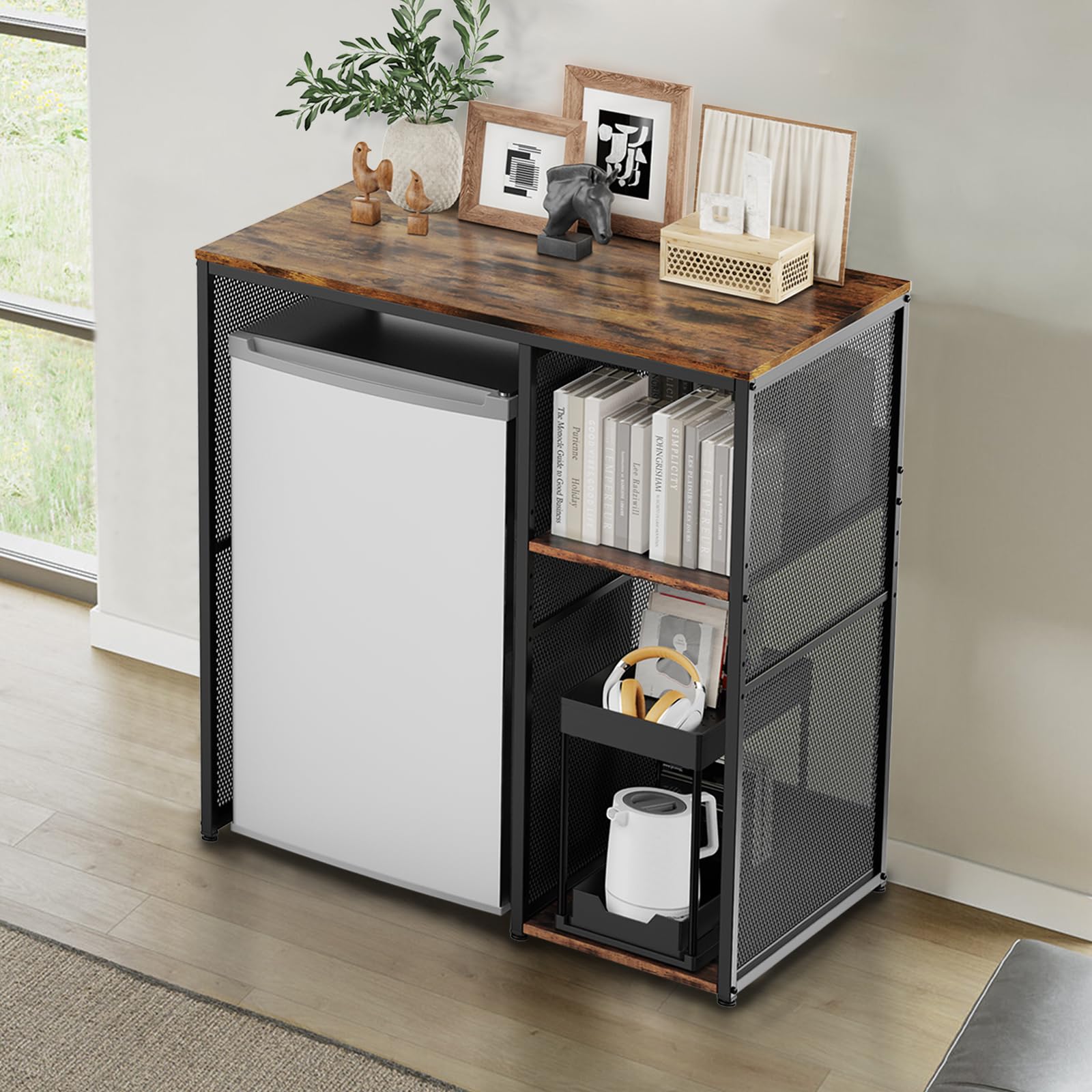 KirKical 3-Tier Coffee Bar Cabinet with Mini Fridge Space, Heavy-Duty Rustic Grey Microwave Stand Baker Rack, Utility Storage Organizer Shelf for Home Kitchen Dorm, Slate Grey