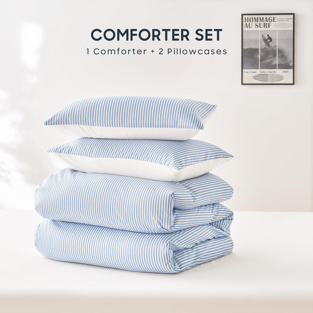 Wake In Cloud - Striped Comforter Set, Ticking Stripe Vertical Pinstripe Neutral Farmhouse Pattern Printed, Soft Lightweight Bedding, 3 Pieces, Blue White, Twin/Twin XL Size