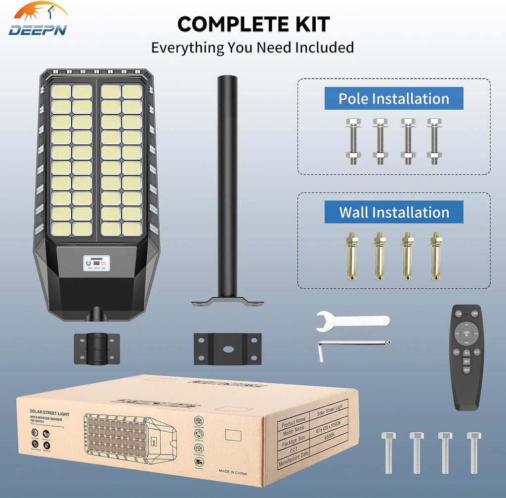 Deepn 9000W Solar Street Light, Bright LED Security Solar Flood Light with Motion Sensor & Dusk to Dawn, IP67 Waterproof Commercial Lights Outdoor for Outside, Parking Lot, Street, Yard (2)