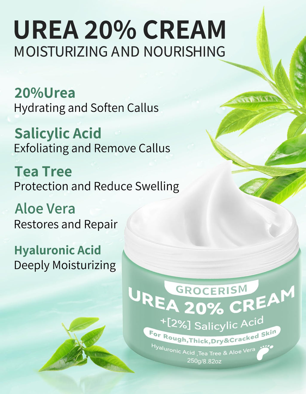 Urea Cream 20 Percent For Feet Plus 2% Salicylic Acid 150g || Foot Cream and Hand Cream Maximum Strength with Hyaluronic Acid, Tea Tree, and Aloe Vera for Deep Moisturizes