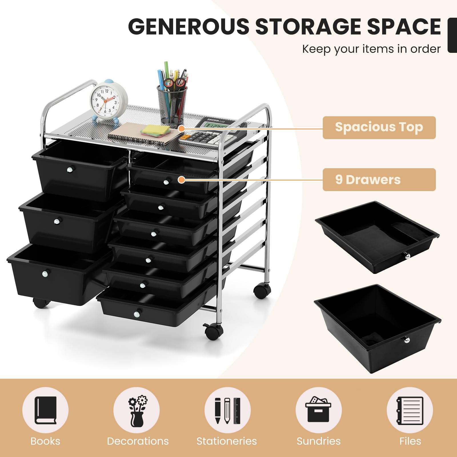 LDAILY 9 Drawer Rolling Storage Cart, Rolling Cart with Drawers for Classroom, Art Supply Craft Organizer on Wheel with Metal Frame & Handles for Home Office School