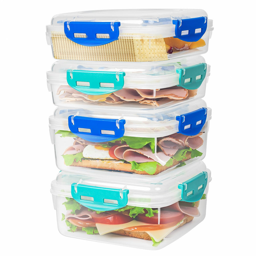 4 PCS Sandwich Containers - 100% Airtight & BPA-Free & Microwave & Dishwasher Safe Kitchen Storage Containers with Upgraded Snaps, 2 heightened Containers for Lunch Boxes and 2 normal version