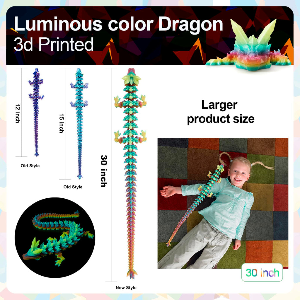 24" Large 3D Printed Dragon - Huge Articulated Crystal Dragon Fidget Toy, Giant Flexible 3D Dragon Figure, Birthday Gift for Boys Girls Kids & Collectors, Home Office Executive Desk Decor