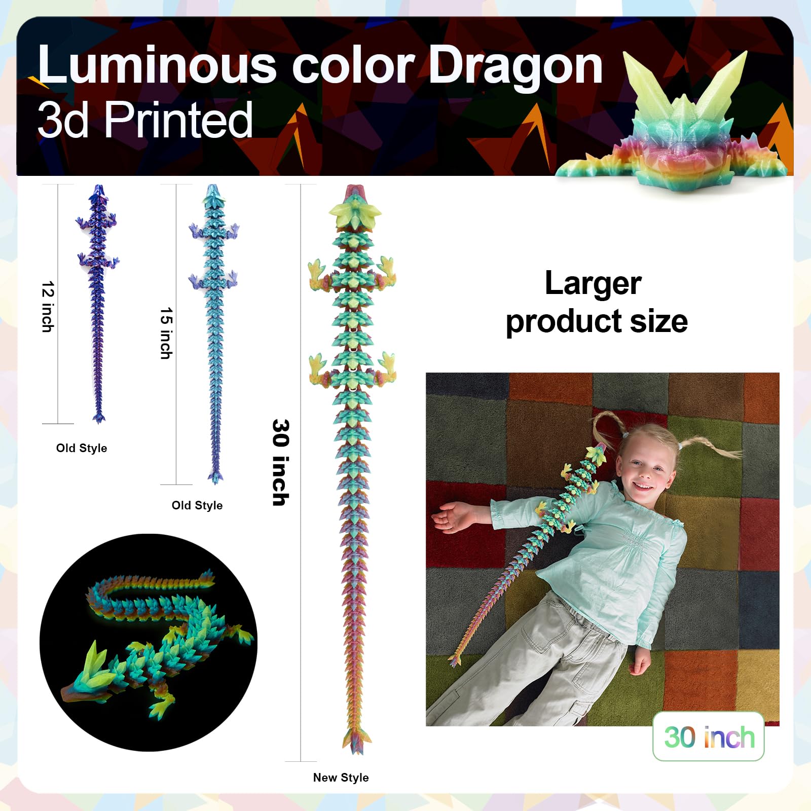 24" Large 3D Printed Dragon - Huge Articulated Crystal Dragon Fidget Toy, Giant Flexible 3D Dragon Figure, Birthday Gift for Boys Girls Kids & Collectors, Home Office Executive Desk Decor